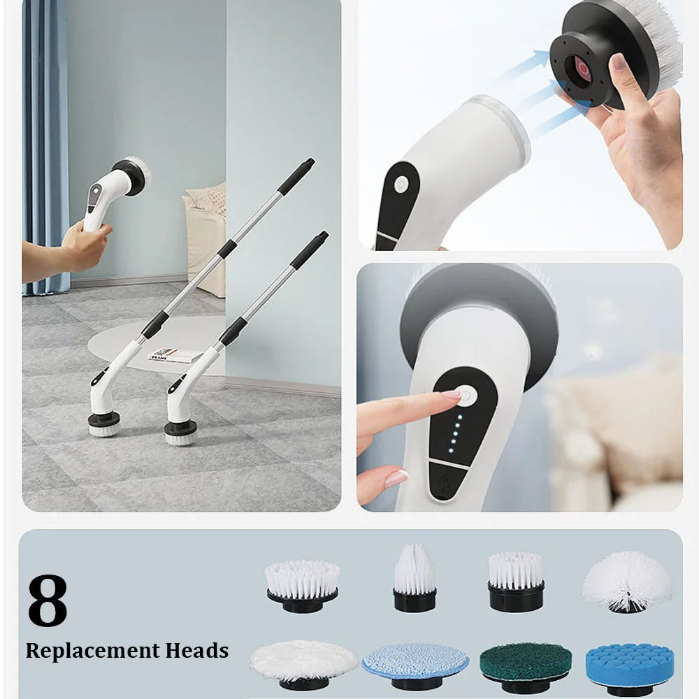 Electric Spin Scrubber With 8 Replaceable Brush Head Power Electric Cleaning Brush Handheld Rechargeable Shower Scrubber