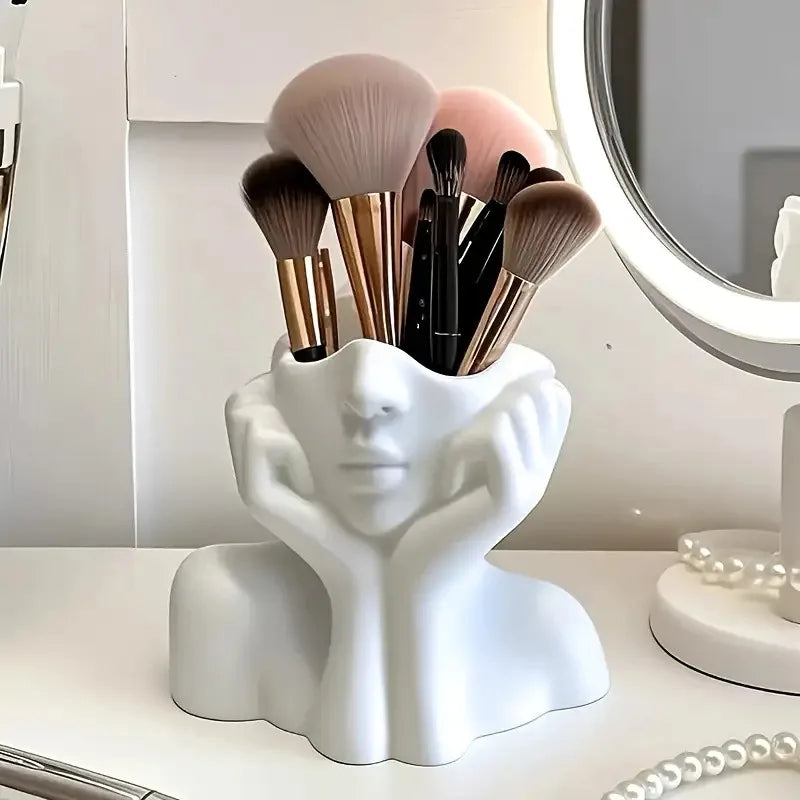 Cute Face-Shaped Makeup Brush Holder - Minimalist White & Relaxing Pose, Artistic Desktop Organizer, No Assembly